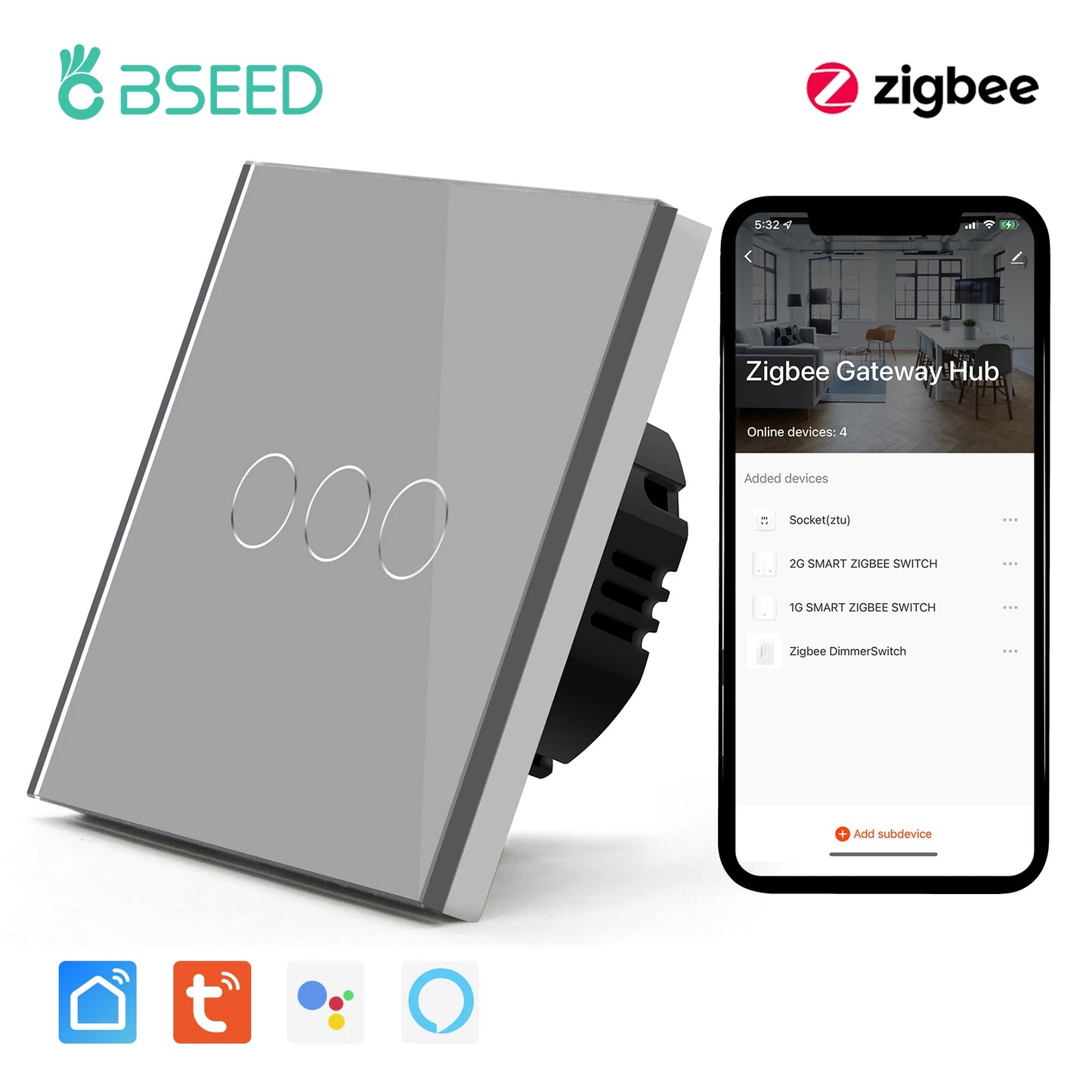 BSEED Zigbee 1/2/3 Gang 1 Way Smart Switch Single Live LED Buttons Glass Panel Work With Google Home EU Touch Switch Smart Life