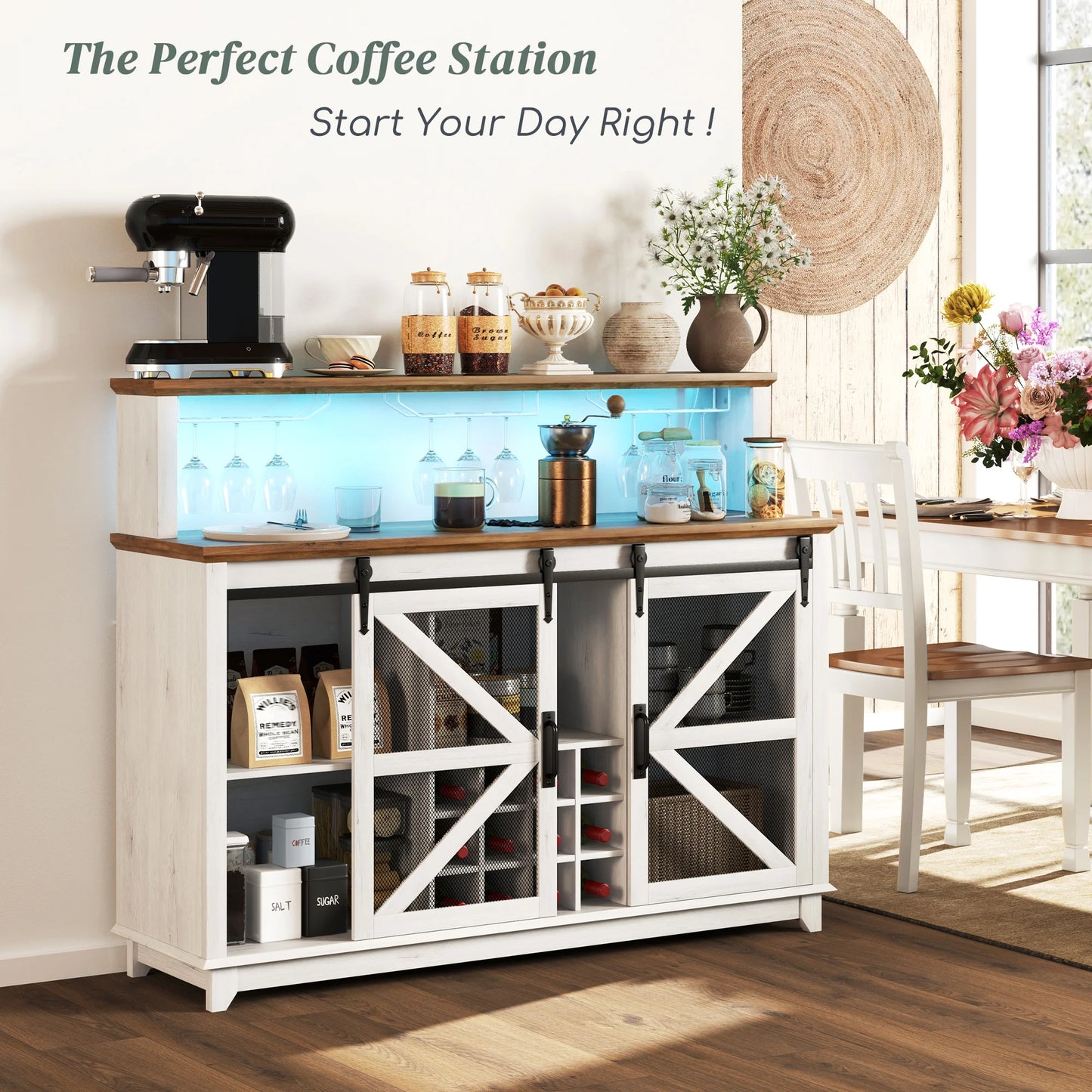 App Controlled Farmhouse Coffee Bar Cabinet With Wine Storage Rack