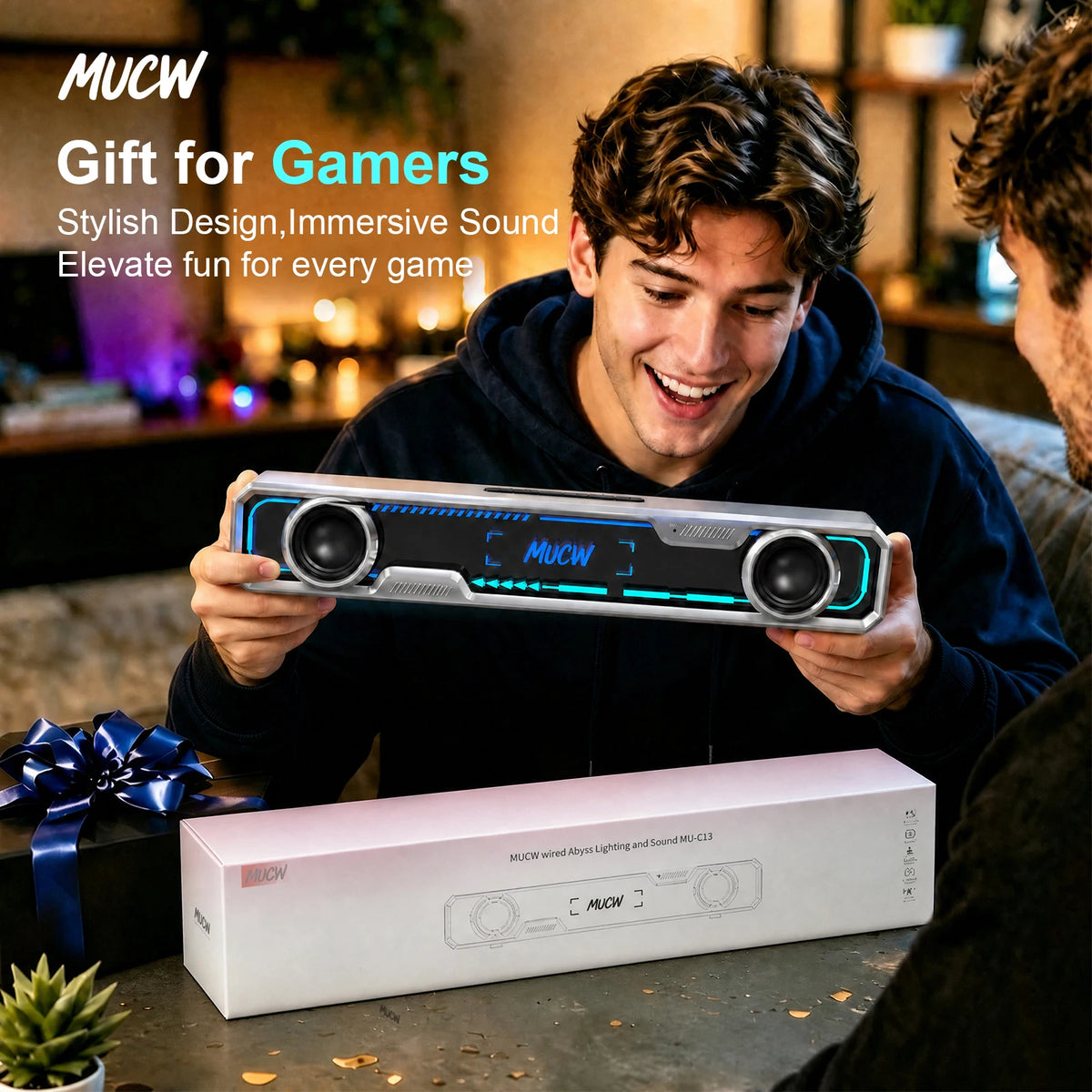MUCW MU‑C13 Desktop Soundbar 6W Dual‑Driver Stereo Computer Speaker Bluetooth 5.4 & USB Sound Card RGB Gaming Light For PC Monitor Office Gaming