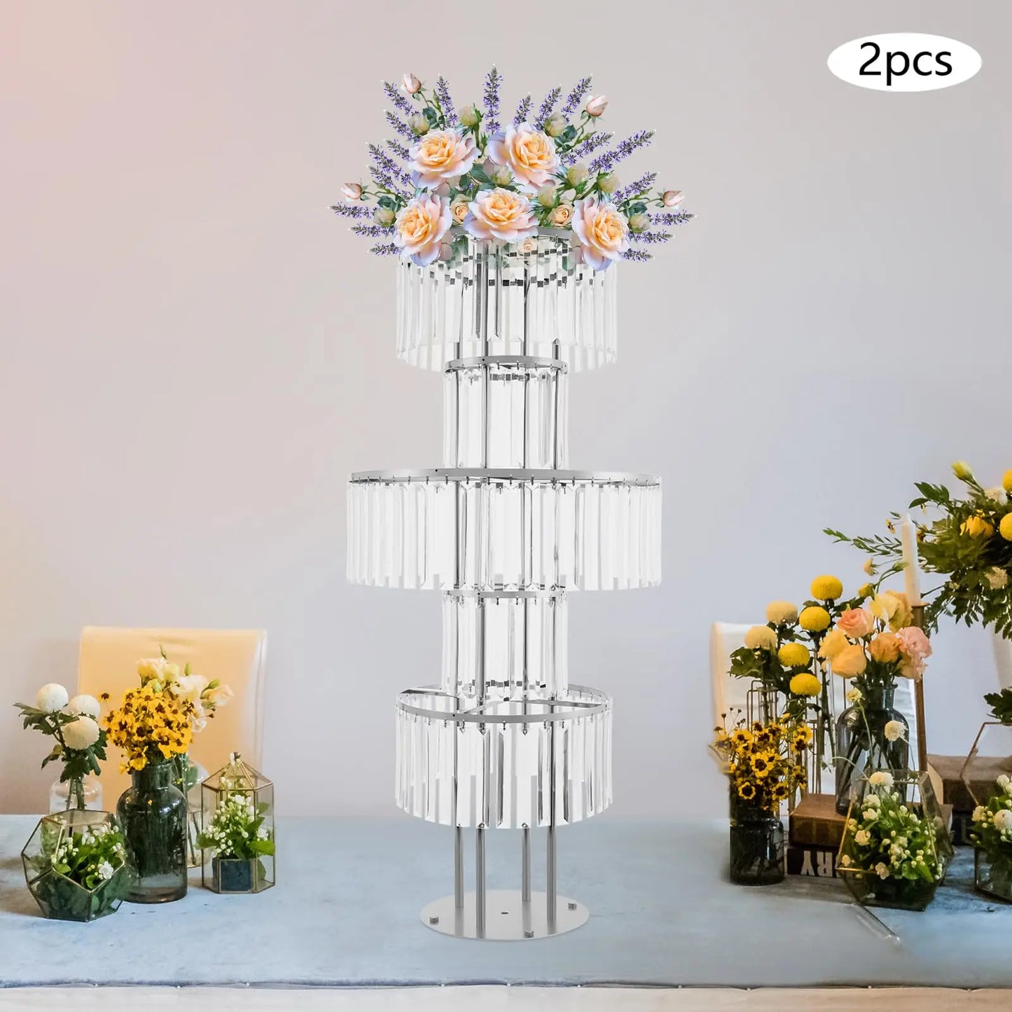 [Christmas]5-Tier Crystal Vase for Table Centerpiece,2Pcs 43.3" Tall Large Wedding Decor Flower Stand,Metal Chandelier Stand White