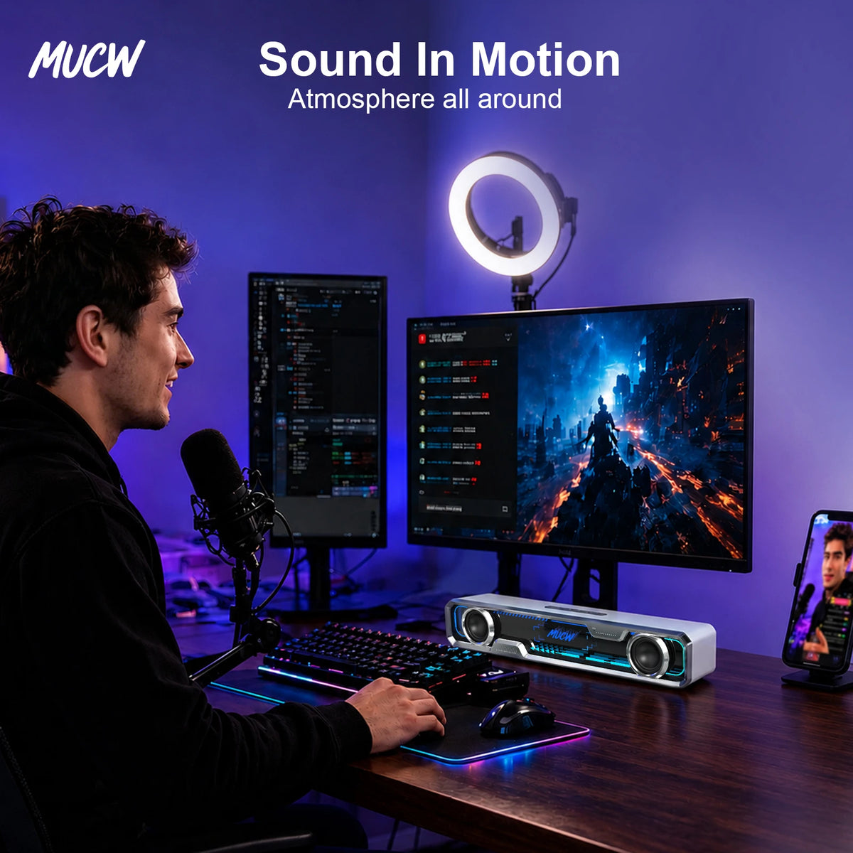 MUCW MU‑C13 Desktop Soundbar 6W Dual‑Driver Stereo Computer Speaker Bluetooth 5.4 & USB Sound Card RGB Gaming Light For PC Monitor Office Gaming