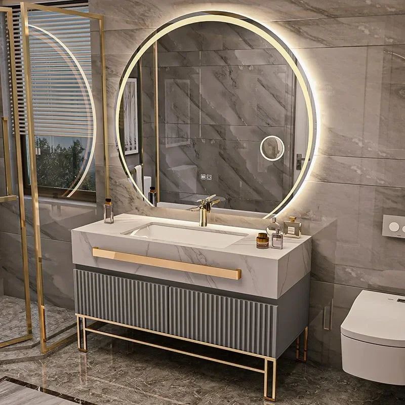 Luxury Bathroom Vanity Cabinet With Smart Led Rock Slab Countertop