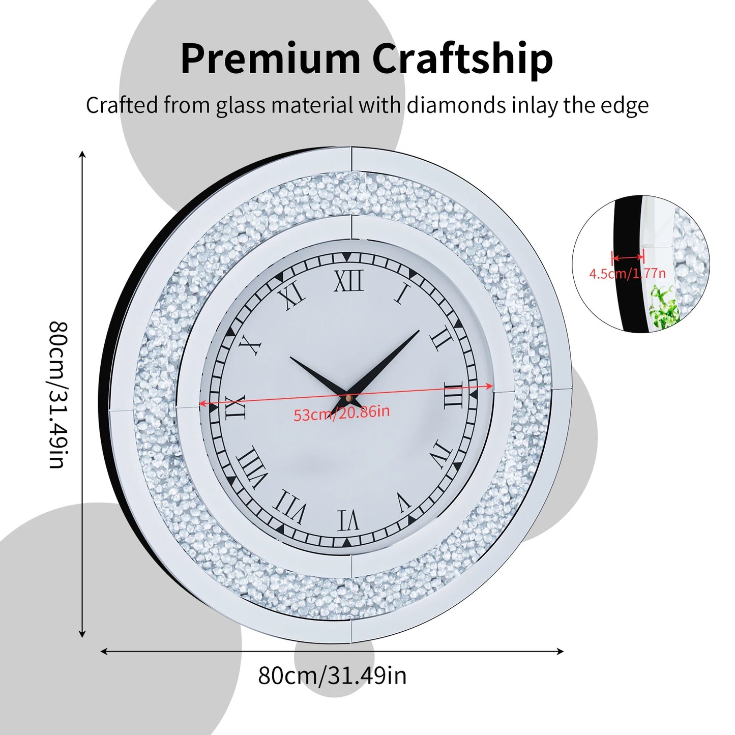 Round Mirror Clock With Crystals For Elegant Wall Decor