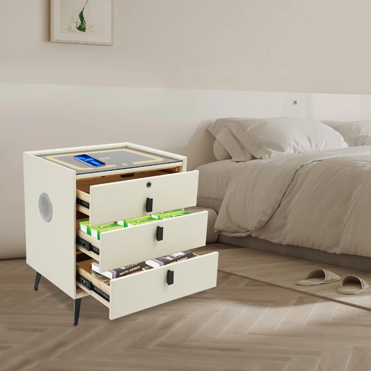 Solid Wood Smart Bedside Table with Drawers - Beige White Nightstand, USB/ Wireless Charging + Bluetooth Speaker