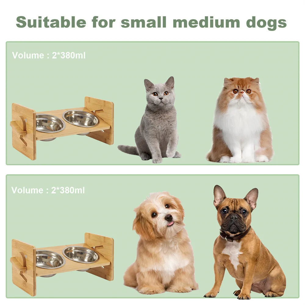Adjustable Bamboo Elevated Dog Feeding Station With Stainless Steel Bowls