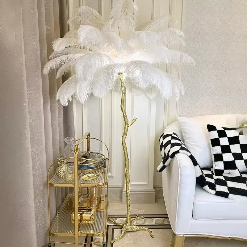 Luxury Modern White Pink Ostrich Feather Floor Lamp Home Corridor Party Stage Romantic Road Decoration E27 Light Bulb Fixture