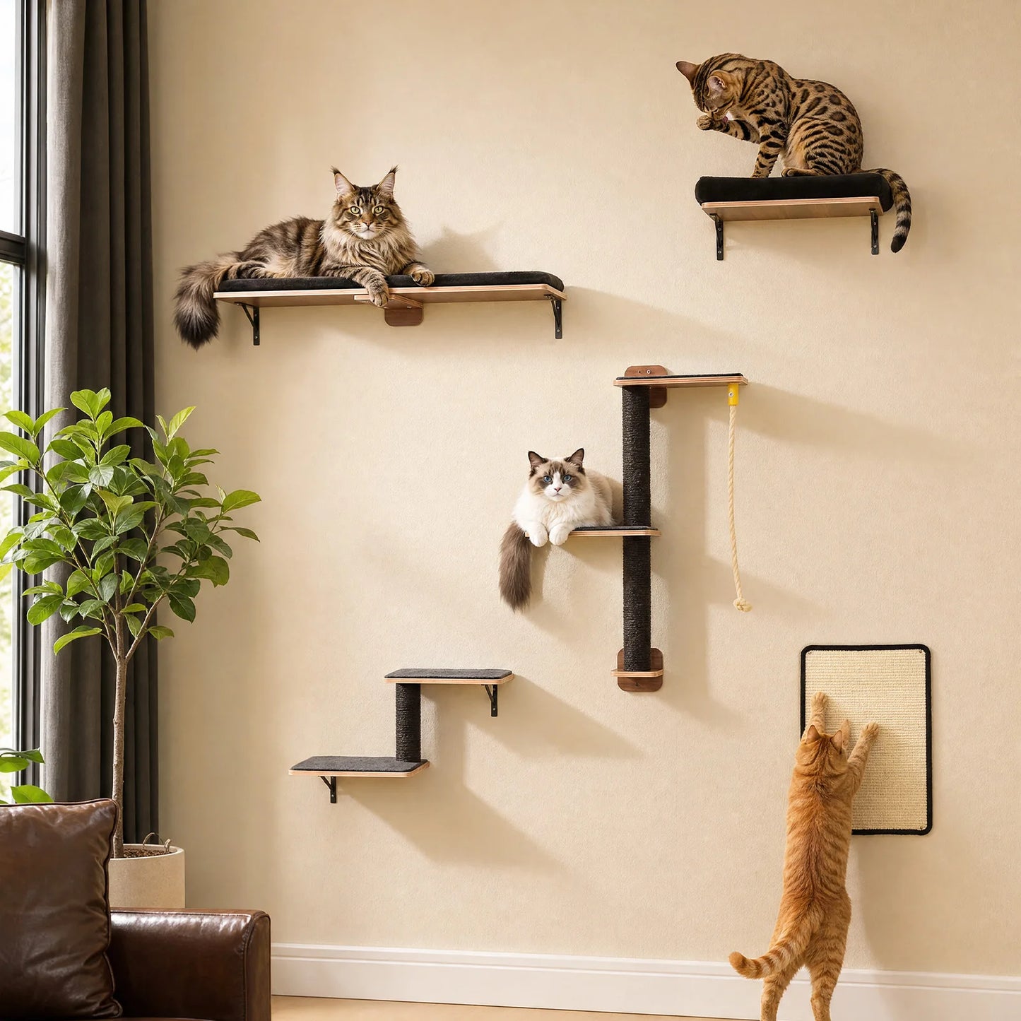 Wooden Cat Climbing Wall Shelves 5-in-1 Cat Wall Furniture with Perches Sisal Scratching Posts & Scratcher Pads Climbing Ropes Modern Climbing Set for Indoor Cats Accessories Cat Toys