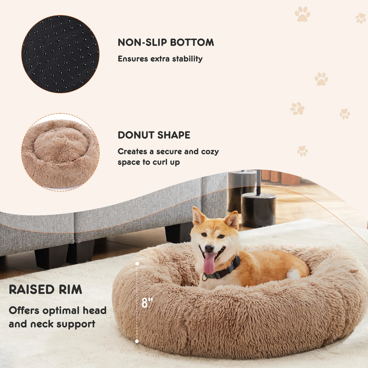 JHK Calming Plush Dog Bed With Washable Anti Slip Comfort