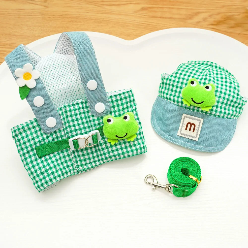 Spring and Summer Outdoor Pet Supplies 3pcs/set Dog Harness Leash Sun Hat for Small Dogs Kitten Cap Frog Bear Fries Pet Clothes