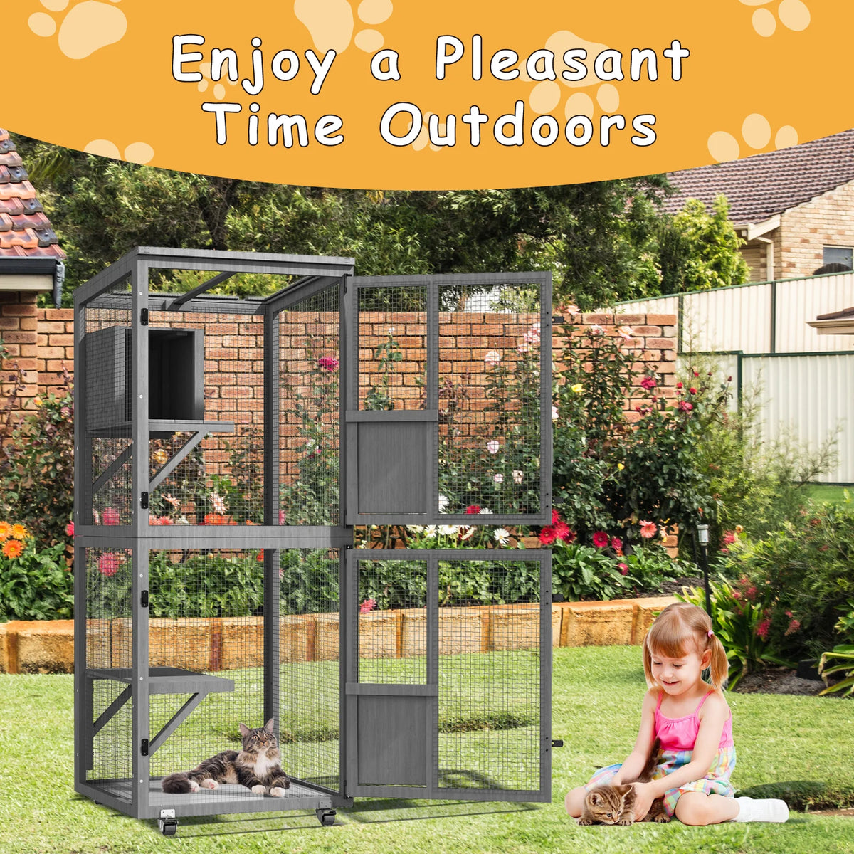 4-Tier Large Outdoor Cat Catio, Cat Enclosure with Wheels, Waterproof Roof, 4 Doors & Resting Box, Grey/Black