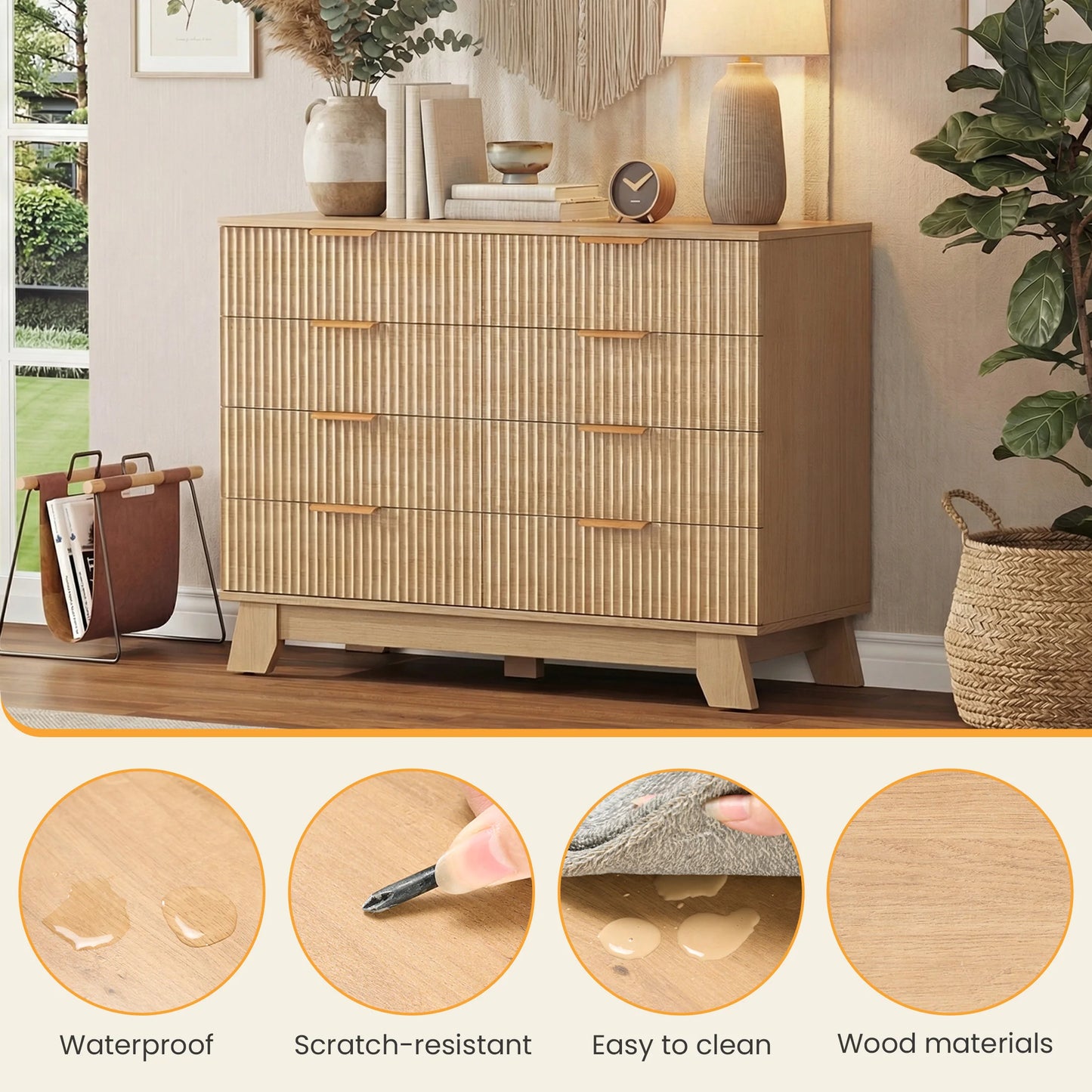 JHK 8 Drawer Dresser Fluted Wooden Cabinet Wide Modern Chest of Drawers with Gold Metal Handles Storage Organizer Unit for Living Room Hallway