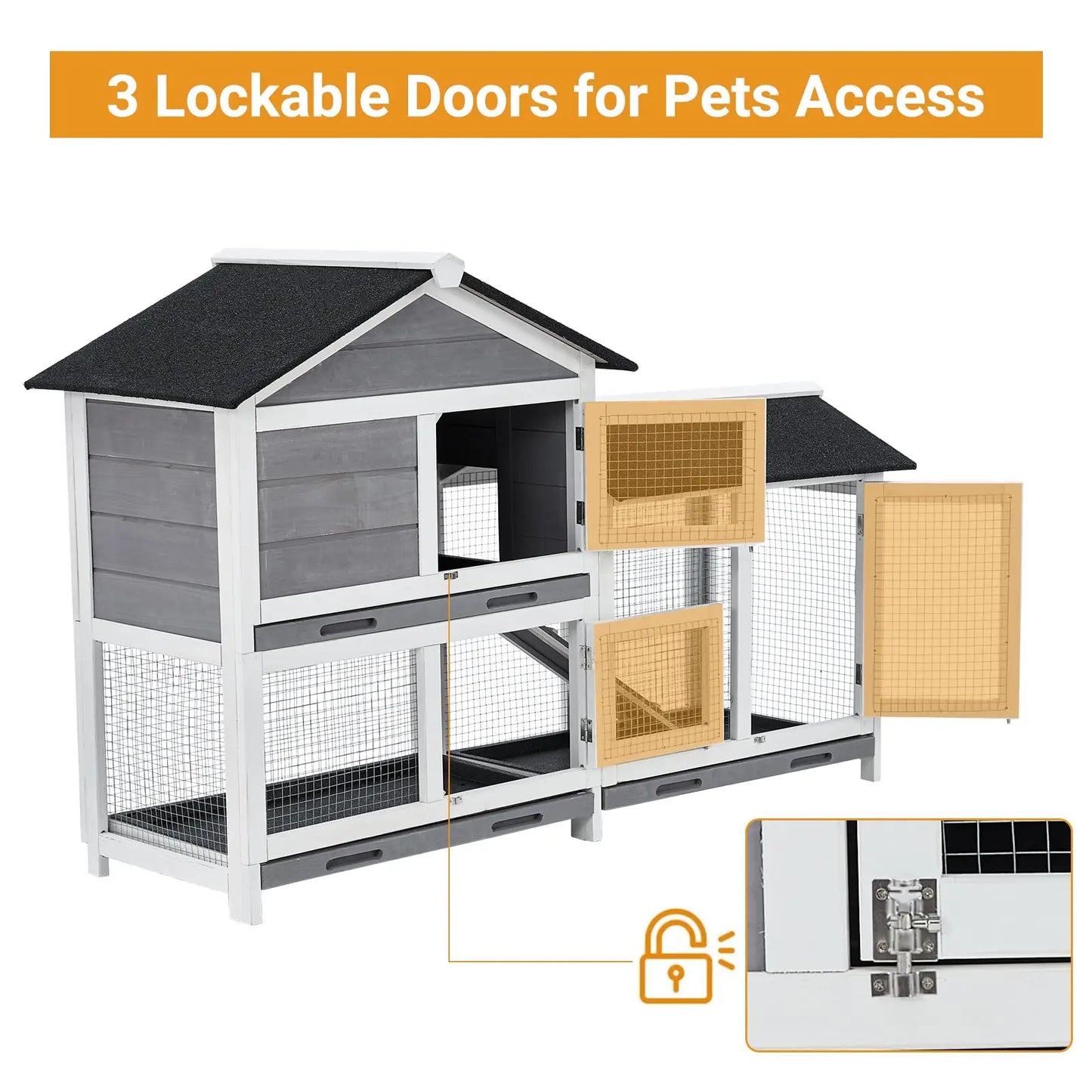 63in Bunny Hutch Indoor, Wooden Rabbit Cage 2-Tier With 3 Removable Trays, Waterproof Roof Bunny House Outdoor Coop