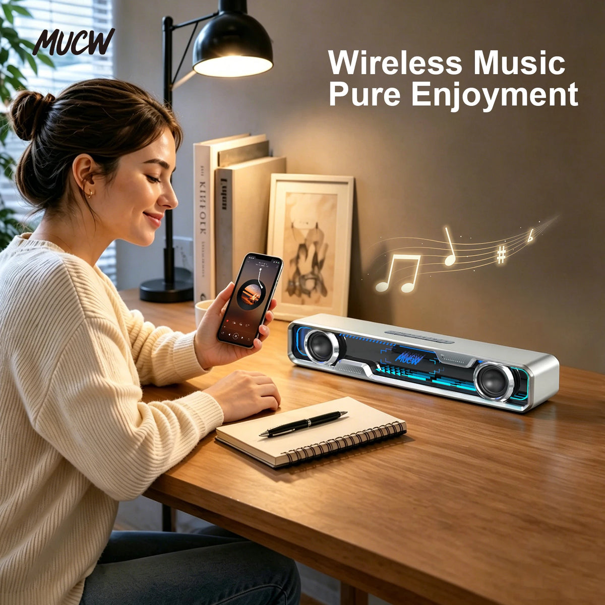 MUCW MU‑C13 Desktop Soundbar 6W Dual‑Driver Stereo Computer Speaker Bluetooth 5.4 & USB Sound Card RGB Gaming Light For PC Monitor Office Gaming