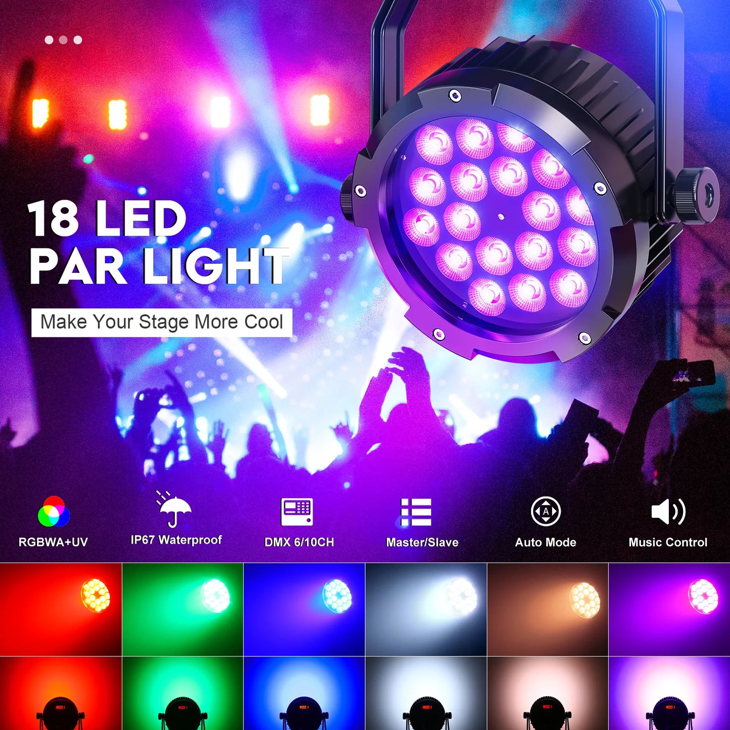 4PCS Waterproof 18LEDs Par Light with Flight Cases RGBWA+UV Stage Effect Lighting Projector for Disco Dance Hall Party Bar