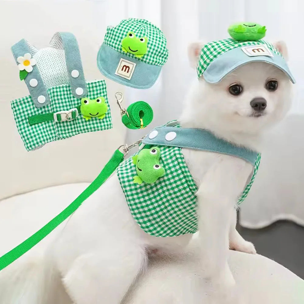 Spring and Summer Outdoor Pet Supplies 3pcs/set Dog Harness Leash Sun Hat for Small Dogs Kitten Cap Frog Bear Fries Pet Clothes