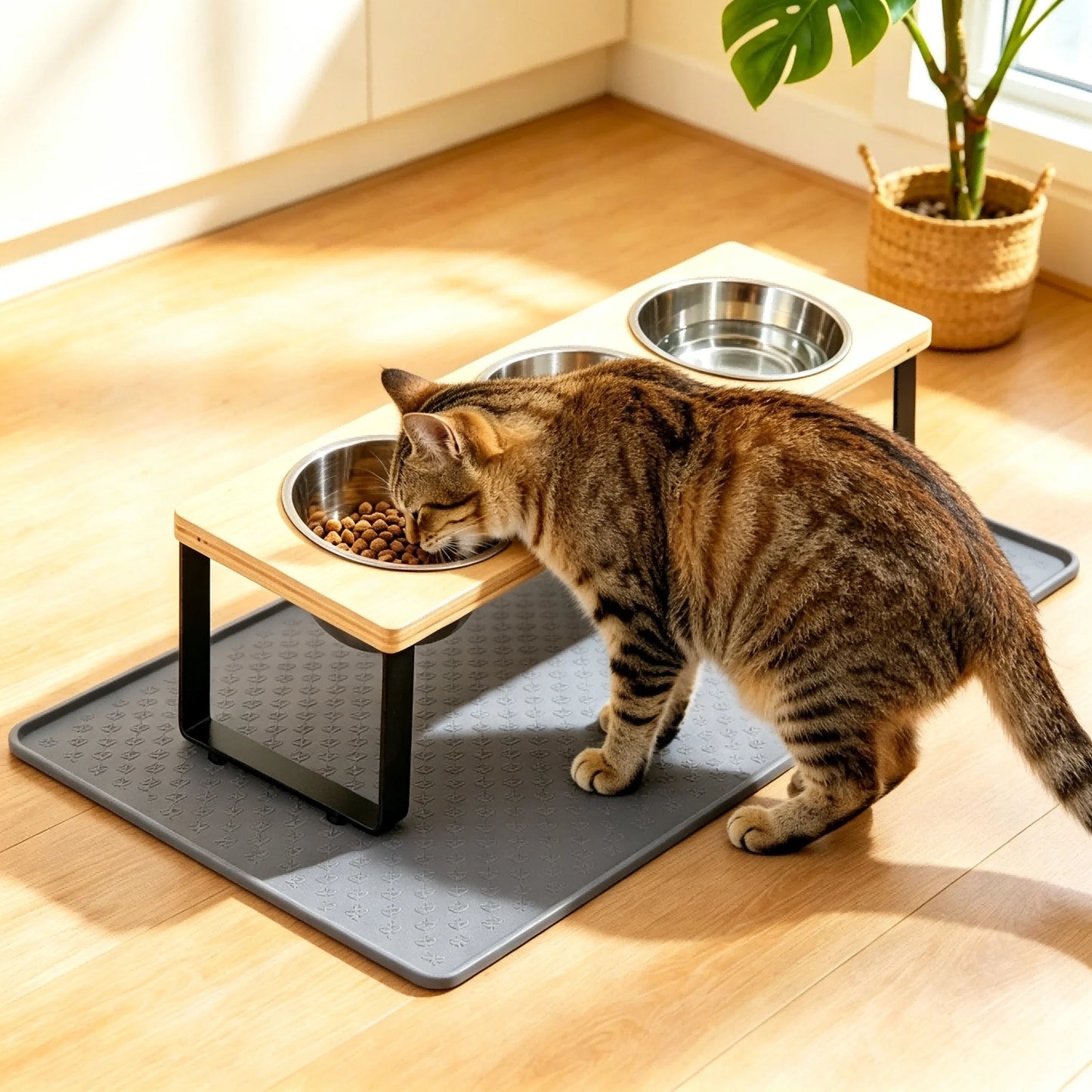 Elevated Cat Feeder Tilt 15° With Bamboo Iron Stand Bowls