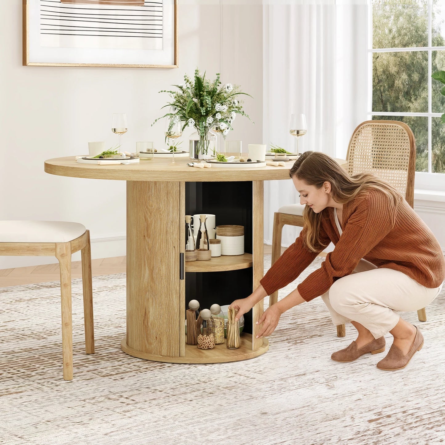 FARINI Round Dining Table Modern Wood With Metal Base