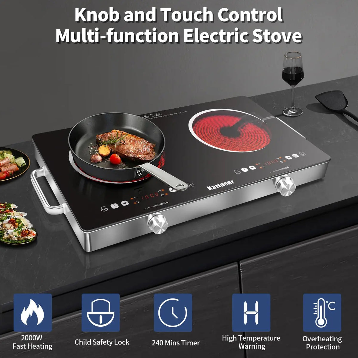 Karinear 3200W Ceramic Electric Hob With Dual Zone Touch Control