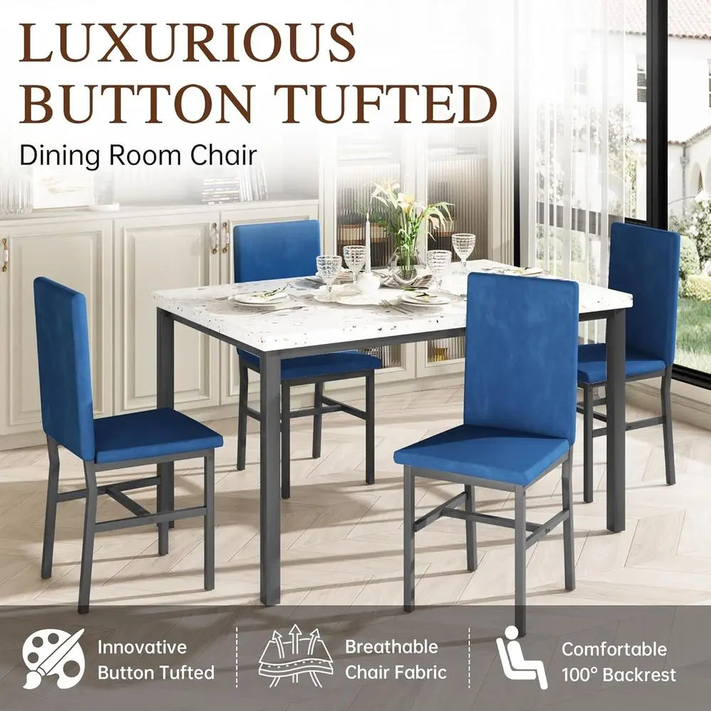 Dining Table Set or 4, ern aux Marble Dining Table Set with 4 Upholstered Velvet Chairs, Dining Room Table Set or Kitchen, Break