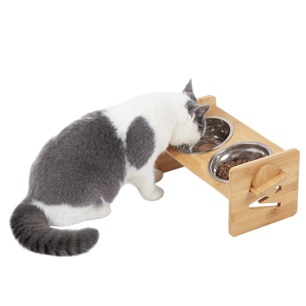 Adjustable Bamboo Elevated Dog Feeding Station With Stainless Steel Bowls
