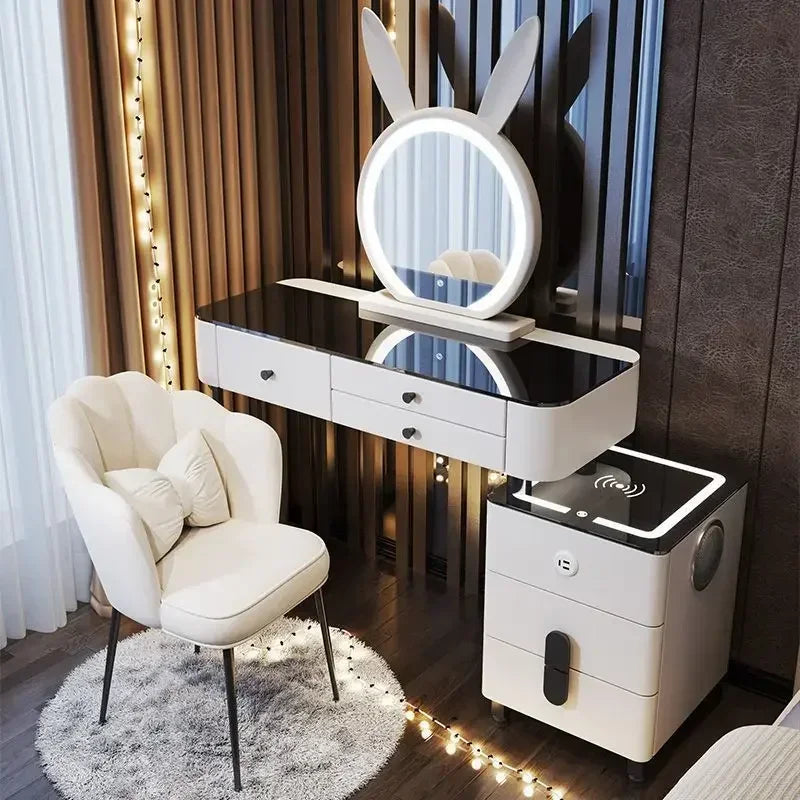 Modern Wooden Makeup Vanity With Wireless Charging And LED Mirror