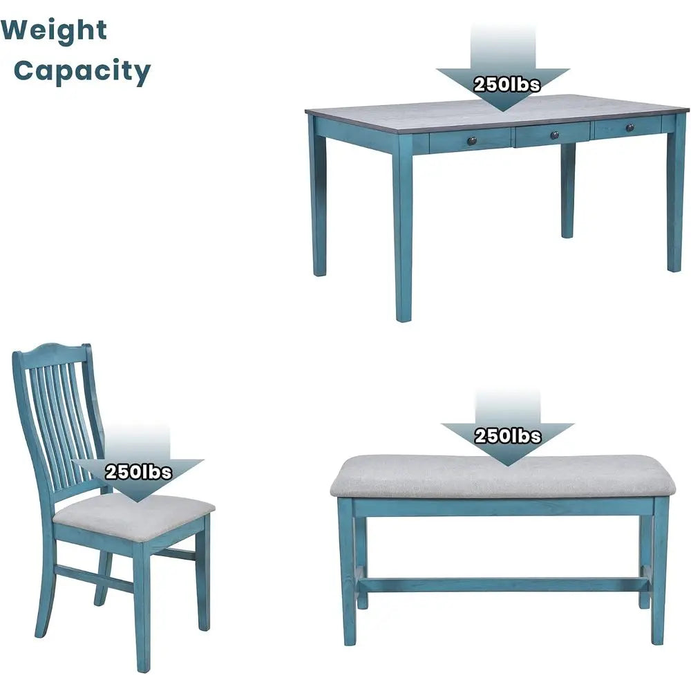 6-Piece Solid Wood Dining Table Set, armhouse Kitchen Table Set with 4 Upholstered Chairs, Bench and Storage Ders or Kitchen, Di