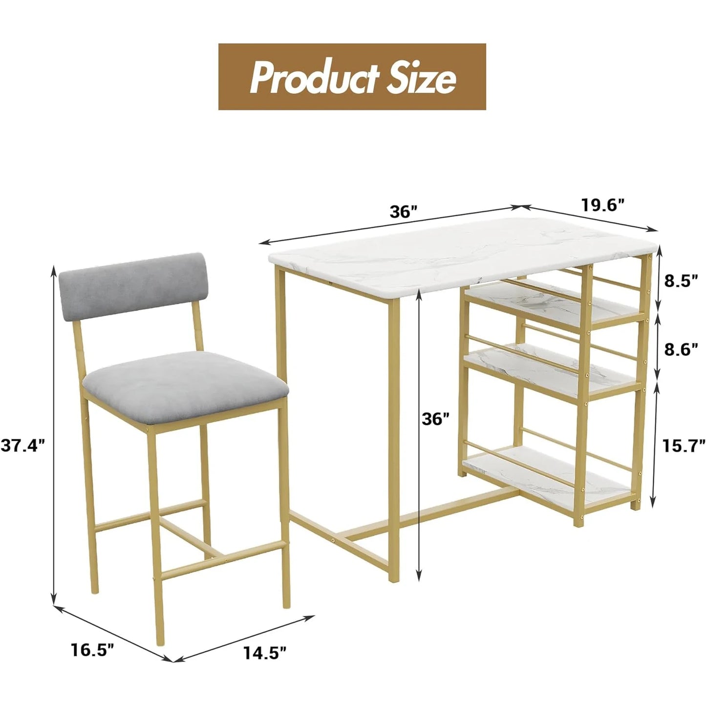 3 Piece Modern Bar Table Set for 2, Space Saving Counter Height Dining Table with Storage Shelves & Upholstered Chairs, Dining Room Furniture for Breakfast Nook Kitchen, Gold