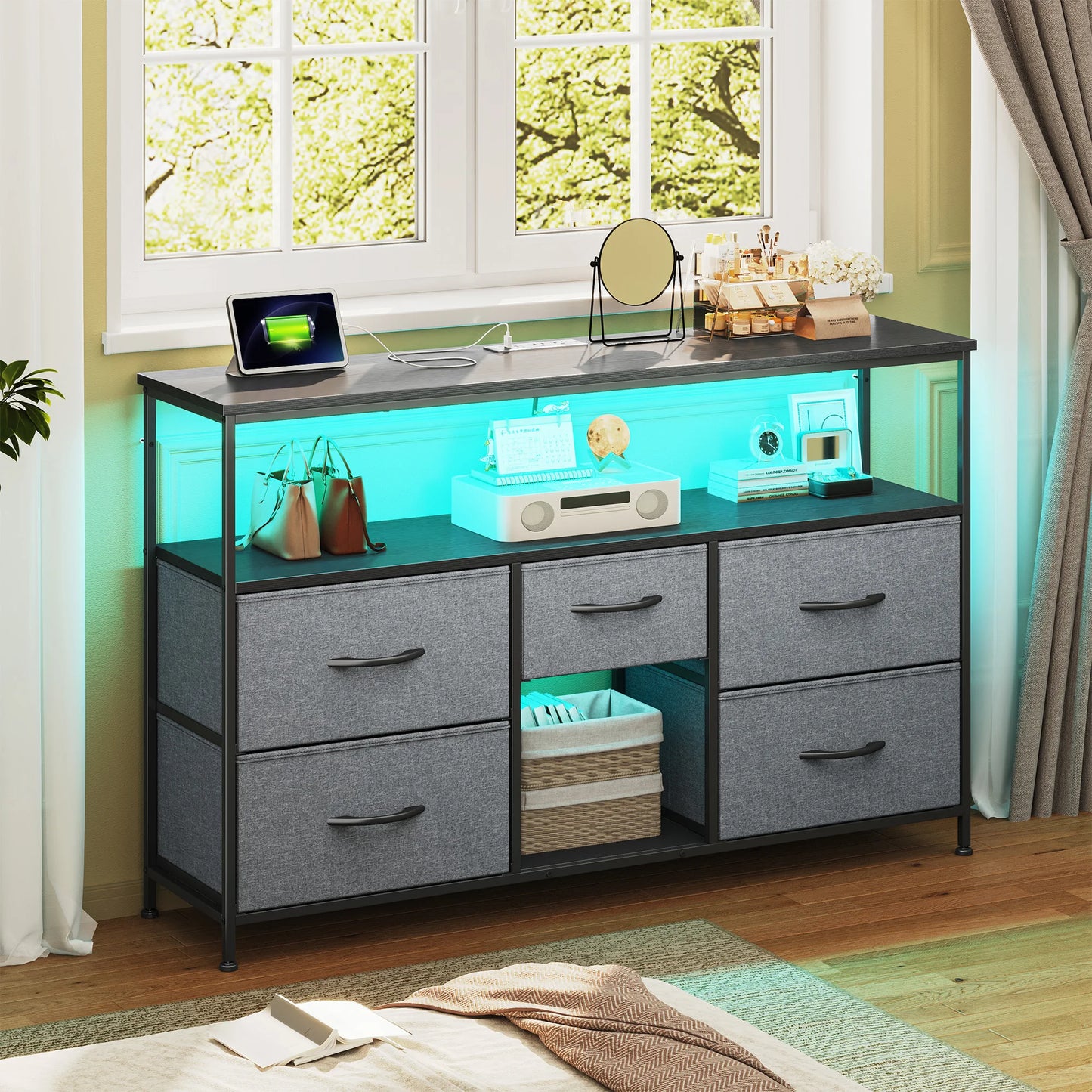 5‑Drawer TV Console with LED Accent Lights – 45/50" Compatible, Metal Frame, Leveling Feet, Scratch‑Resistant Top, Quick Assembly – Spacious Shelves + Fabric Drawers – Ideal for Dorm, Apartment, Living Room Use