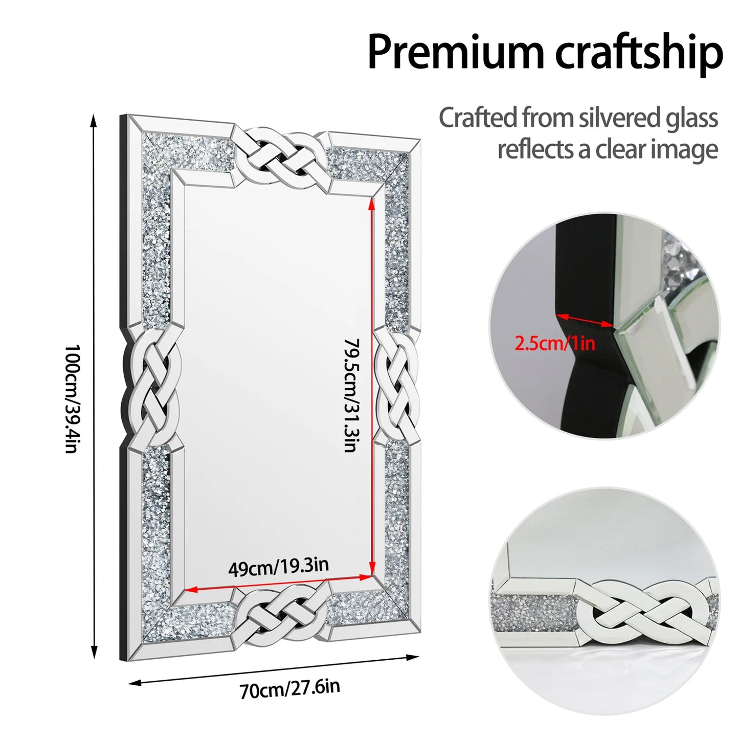 Rectangular Crystal Diamond Wall Mirror For Living Room Decor