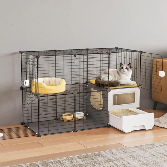 Detachable Metal Wire Cat Playpen with Litter Box Two Tiers
