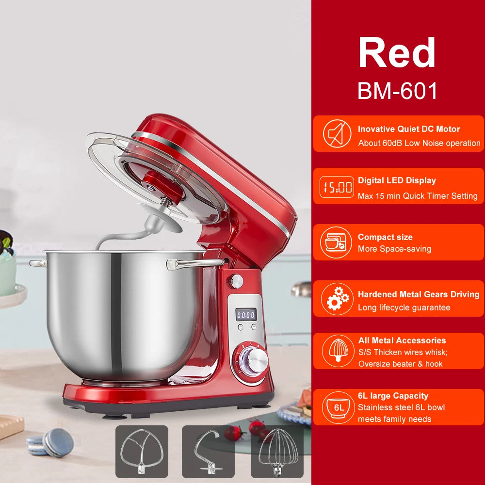 BioloMix Kitchen Food Stand Mixer, Blender, Quiet Motor, Cream Egg Whisk, Whip Dough Kneader, 6-Speed, 1200 W, 6 L, DC