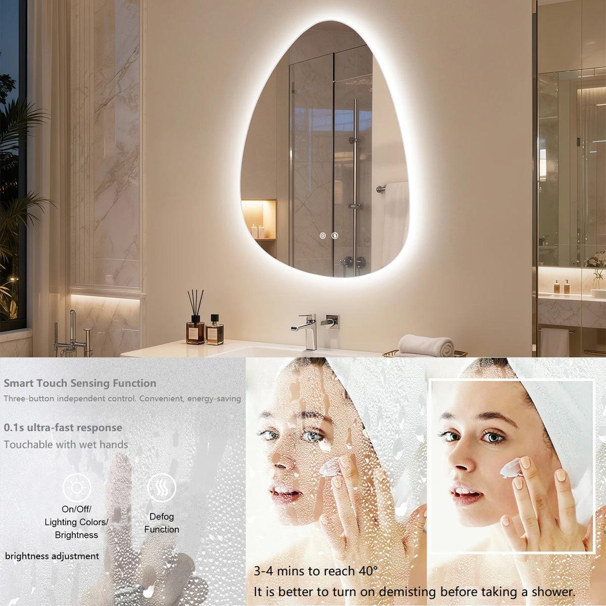 Irregular LED Vanity Mirror With Touch Control And Anti Fog