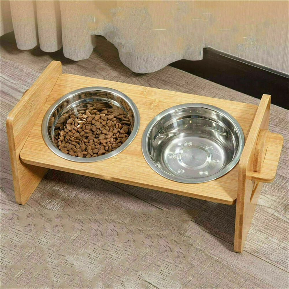 Adjustable Bamboo Elevated Dog Feeding Station With Stainless Steel Bowls