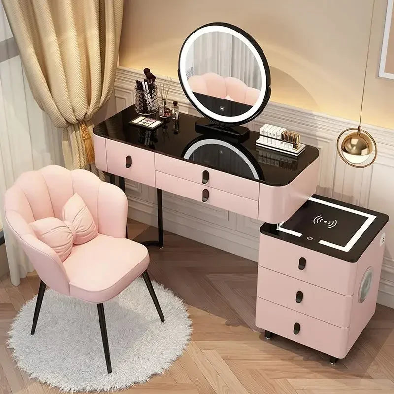 Modern Wooden Makeup Vanity With Wireless Charging And LED Mirror