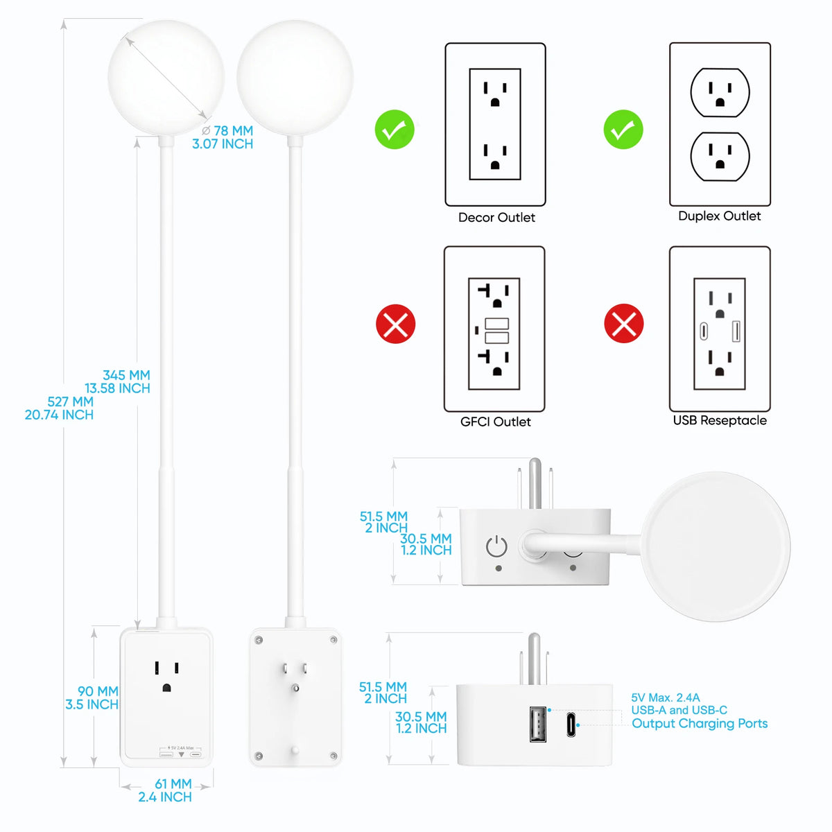 Princeway Led Wall Lamp With Outlet Extender And Usb Ports