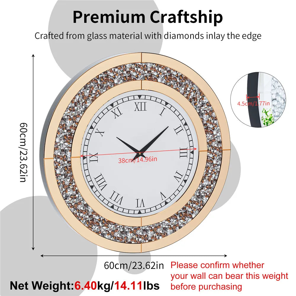 Elegant Silent Quartz Wall Clock With Crushed Diamond Edge