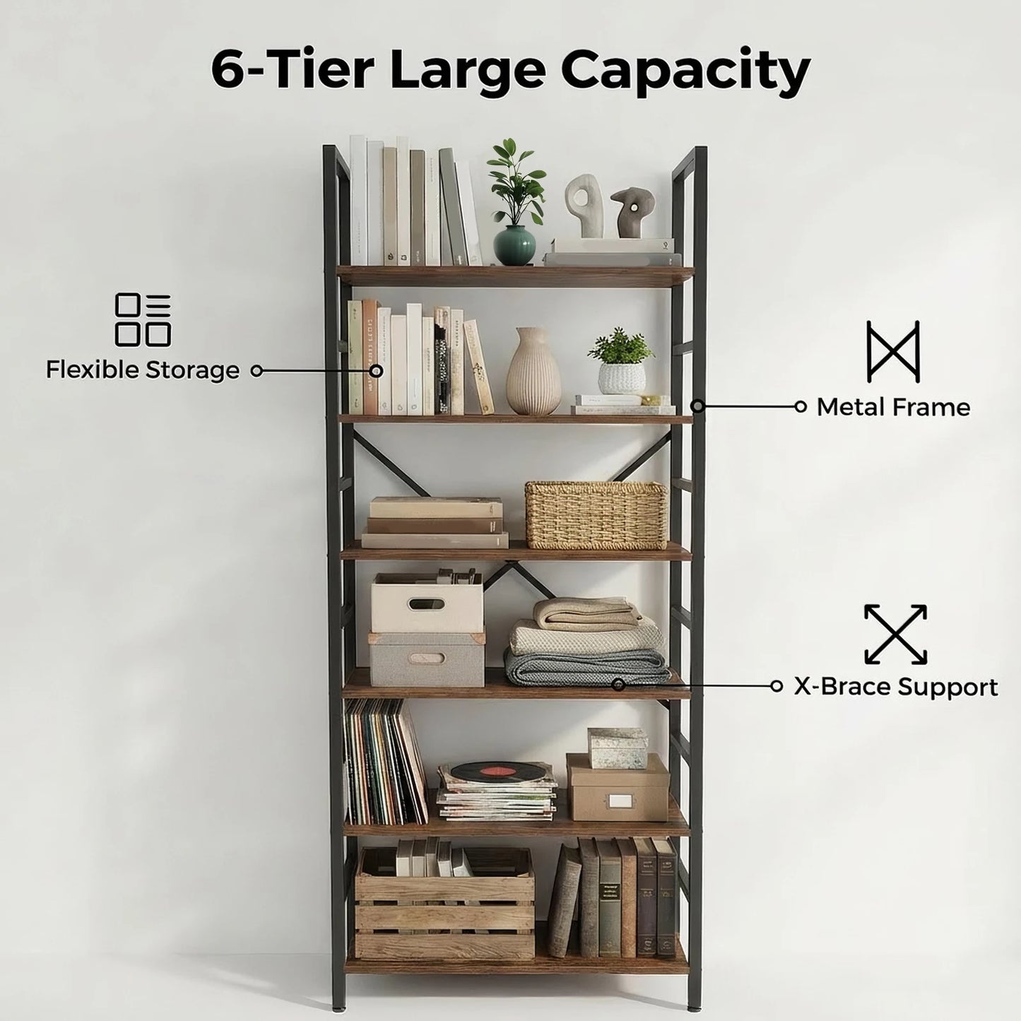 Book Shelf, 5 Tier/6 Tier/ Bookcase, Modern Tall Bookshelf Corner Storage Organizer for Garage Kit, CDs, Movies Suitable Home Of