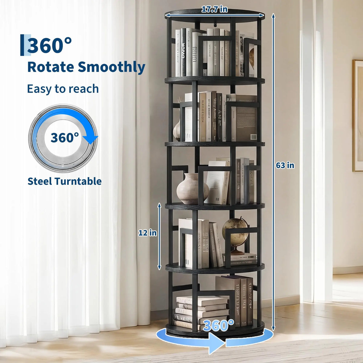 HiMISS 5 Tier Rotating Bookshelf Modern Corner Storage Tower