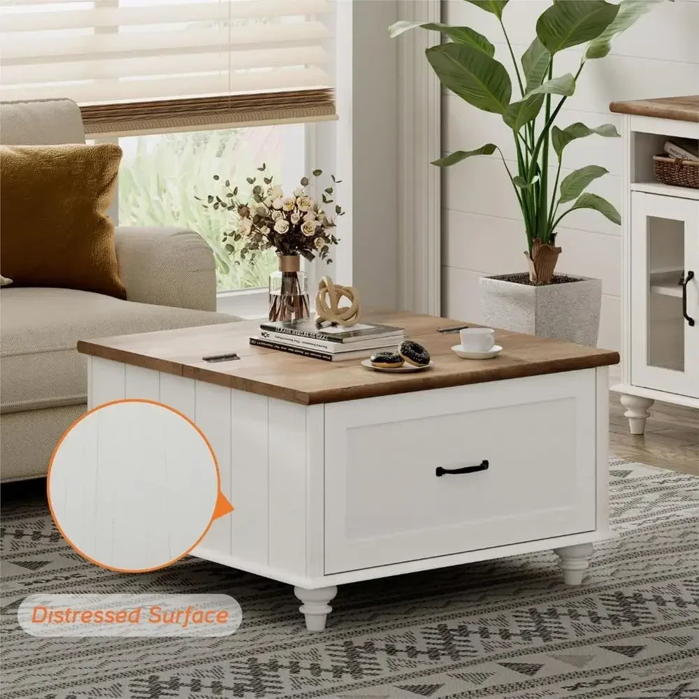 Farmhouse Coffee Table With Storage Cabinet Wooden Center Table