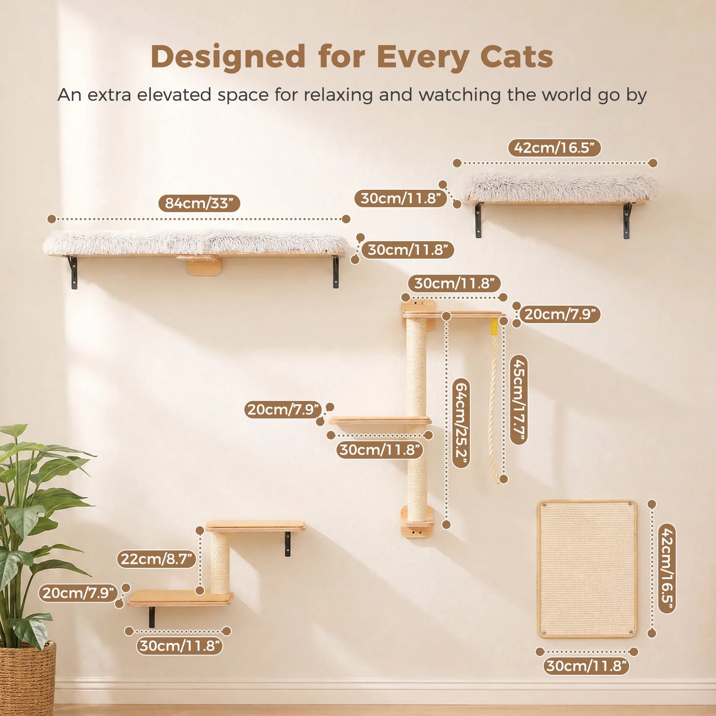 Wooden Cat Climbing Wall Shelves 5-in-1 Cat Wall Furniture with Perches Sisal Scratching Posts & Scratcher Pads Climbing Ropes Modern Climbing Set for Indoor Cats Accessories Cat Toys