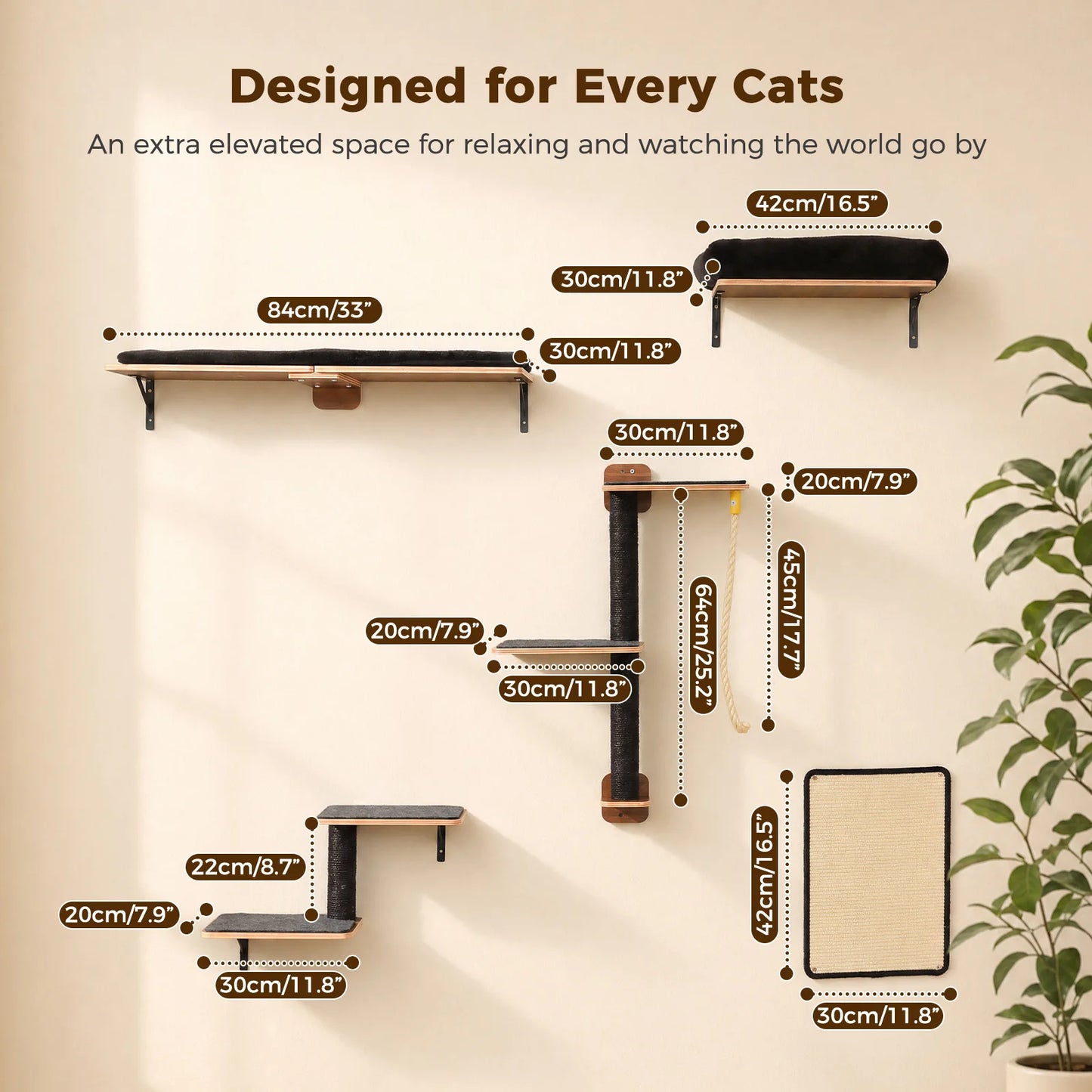 Wooden Cat Climbing Wall Shelves 5-in-1 Cat Wall Furniture with Perches Sisal Scratching Posts & Scratcher Pads Climbing Ropes Modern Climbing Set for Indoor Cats Accessories Cat Toys