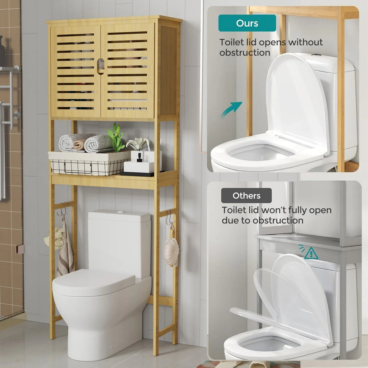 Natural Bamboo Over The Toilet Storage Rack Three Tier Shelves