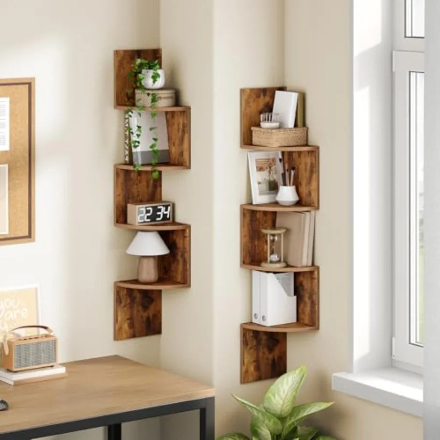 Corner Shelf Wall-Mounted, Set of 2 Floatg Corner Shelves for Wall, 4-Tier Corner Bookshelves for Livg Room, Bedroom, Bathroom,