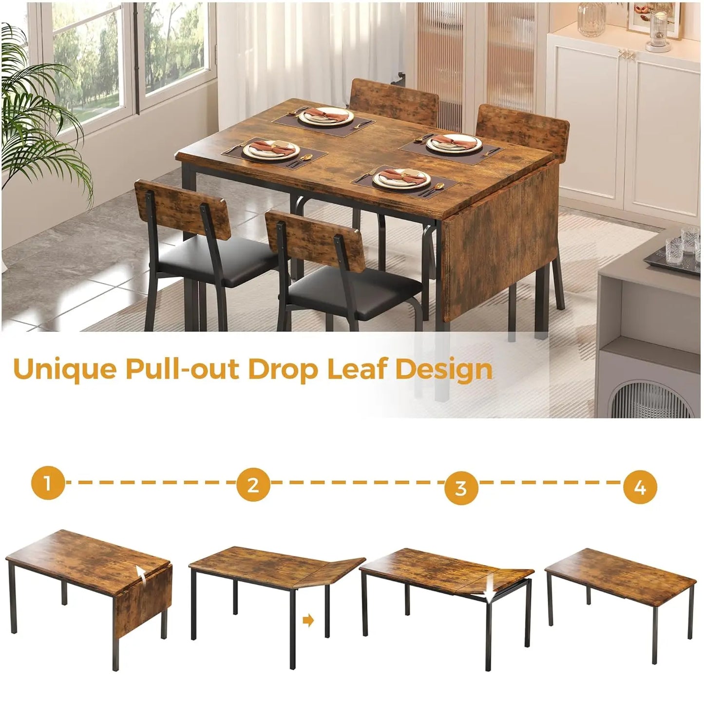 5-Piece 63" Extendable Dining Table with 4 Upholstered Chairs, Kitchen Table Set for 4-8 People, Dining Room Sets, Customized