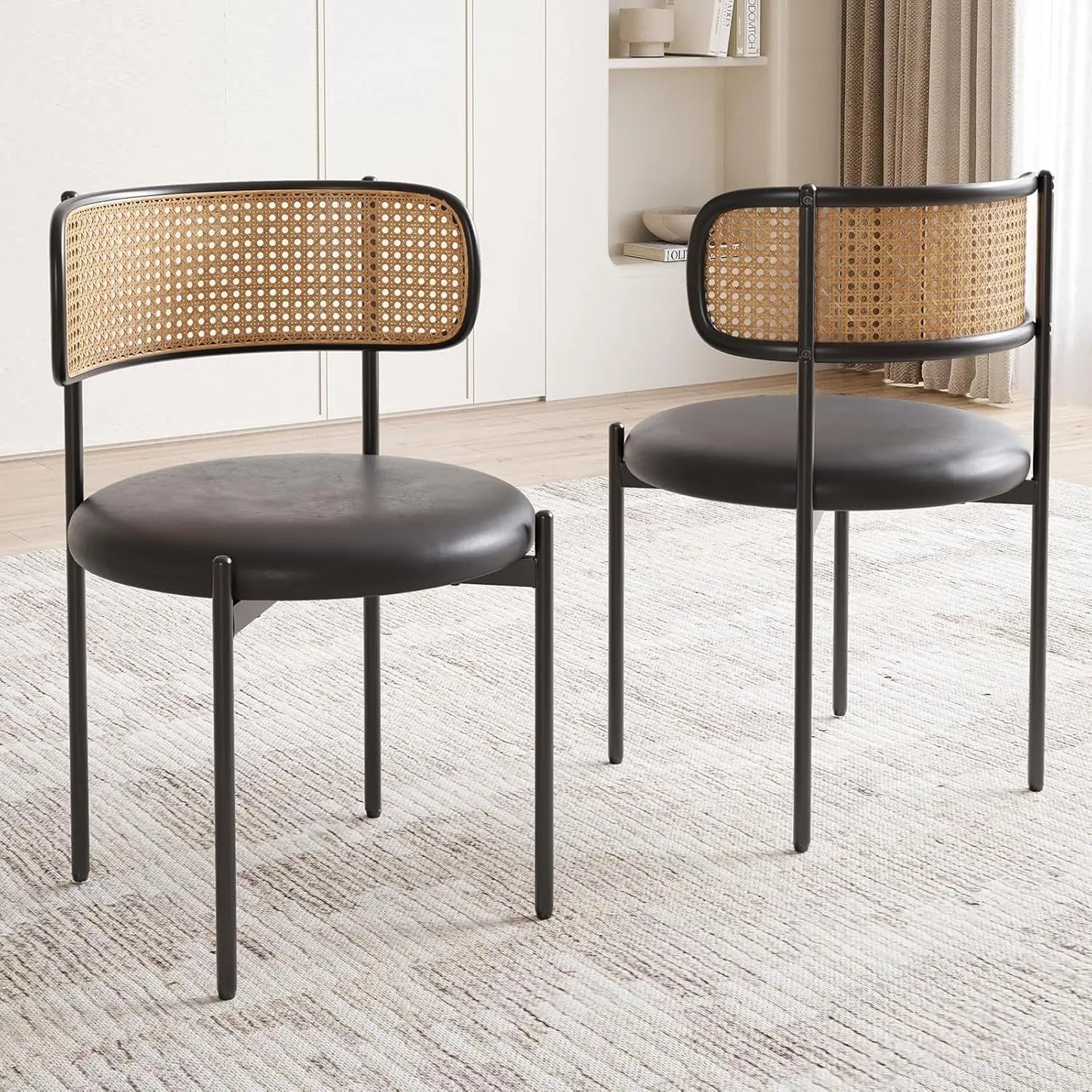 FARINI PU Leather Dining Chairs With Woven Rattan Back And Metal Legs
