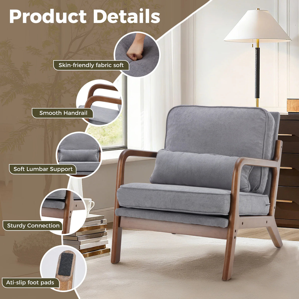 JHK Mid Century Modern Chair Solid Wooden Frame Accent Chair with Arms and Waist Cushion Reading Chairs for Adults Lounge Chair