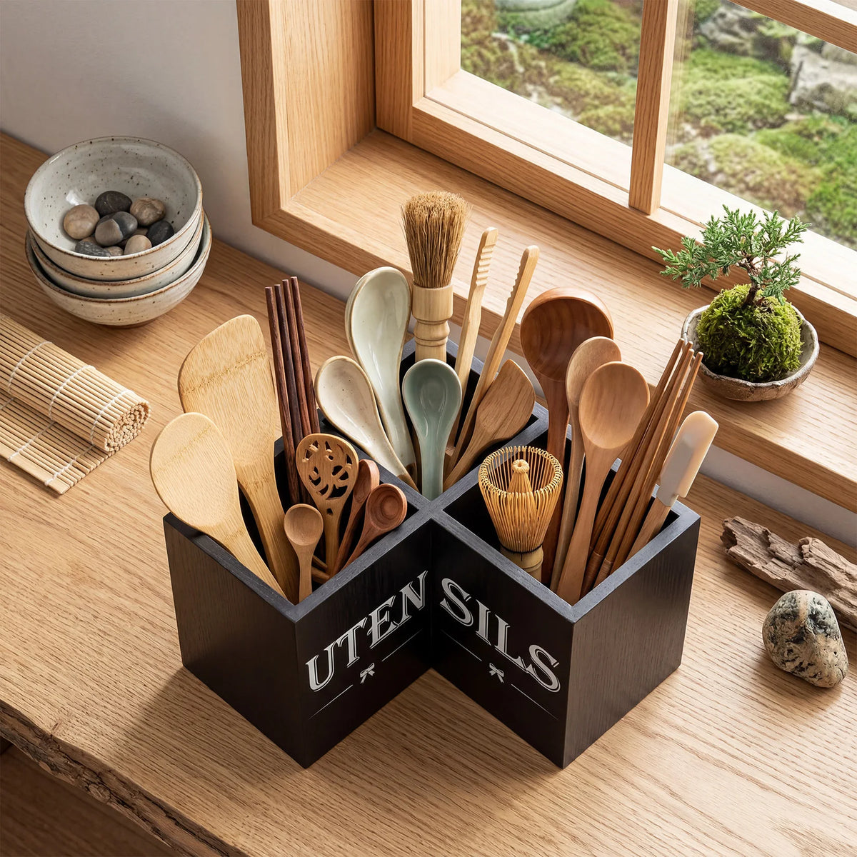Wooden Kitchen Utensil Holder Corner Cooking Tool Organizer