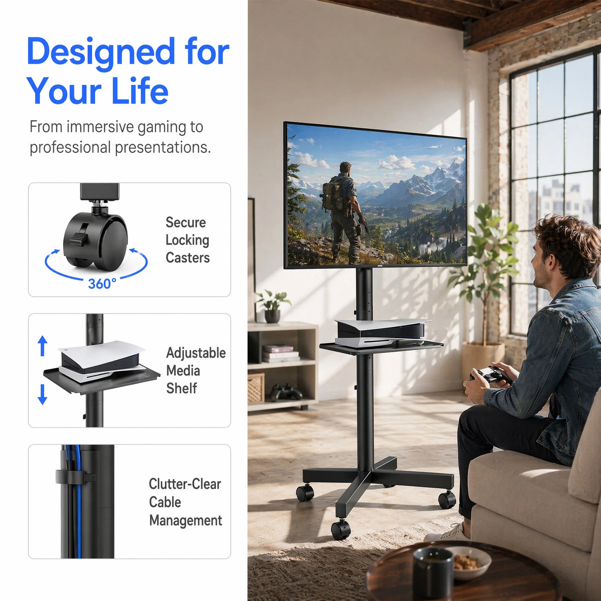 Rolling TV Stand on Wheels with Tilt for 23-65 Inch Screen TVs, Mobile TV Cart Height - Adjustable with Shelf/Tray, Portable TV Stand Holds up to 99 lbs, Max VESA 400x400mm