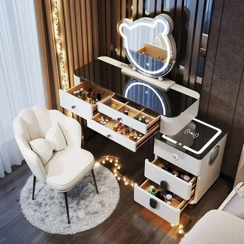 Modern Wooden Makeup Vanity With Wireless Charging And LED Mirror