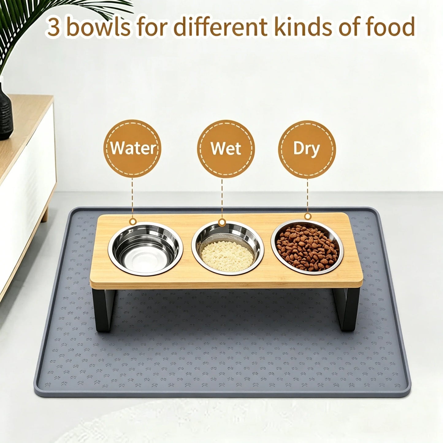 Elevated Cat Feeder Tilt 15° With Bamboo Iron Stand Bowls